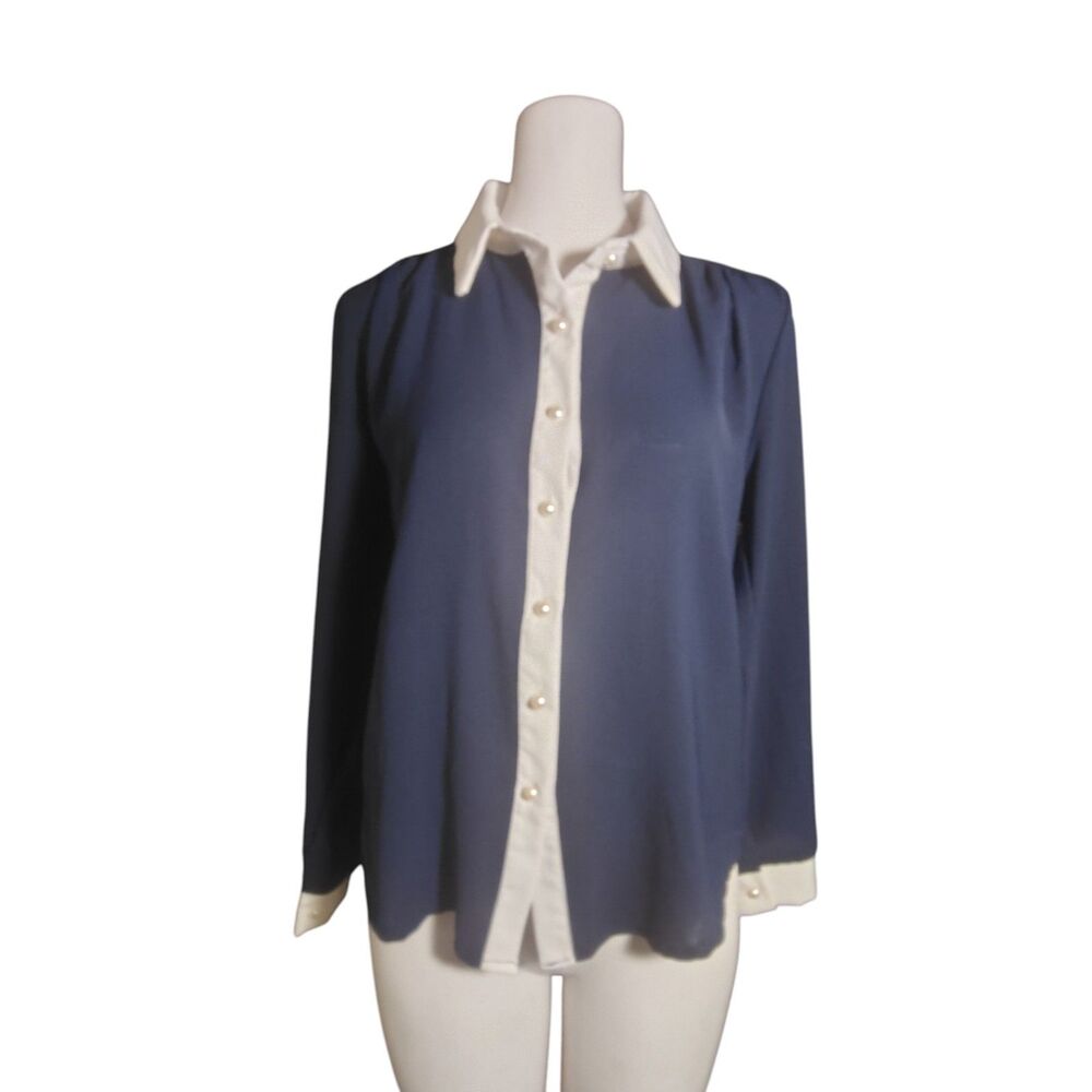 MISS VALLEY Women's Navy White Colorblock Button-Up Blouse One Size 00024